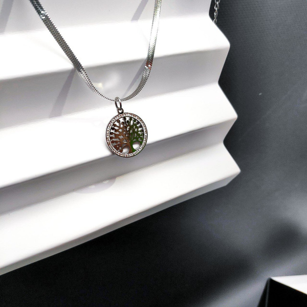 Подвеска "Дерево жизни" / Кулон 2,5 см. на цепочке Snake под серебро / Украшение женское на шею в обрамлении камней